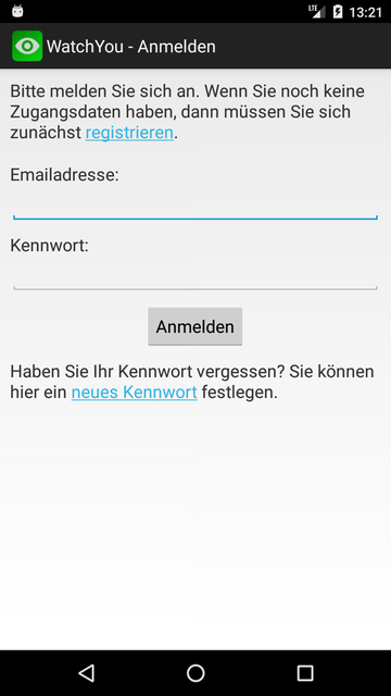 Screenshot von der WatchYou App - Anmeldung